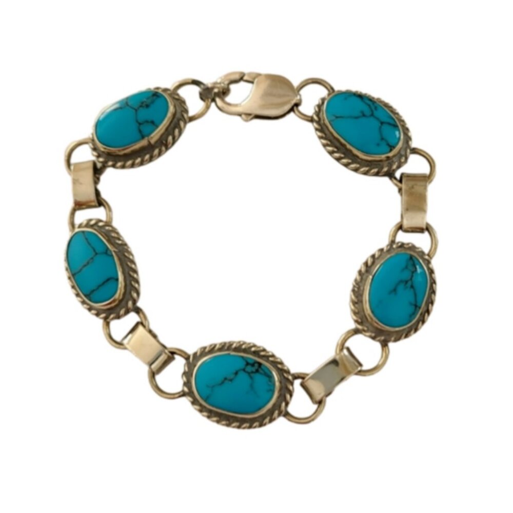 Vintage Sterling Silver Blue Turquoise Chunky Boho Western Chain Bracelet